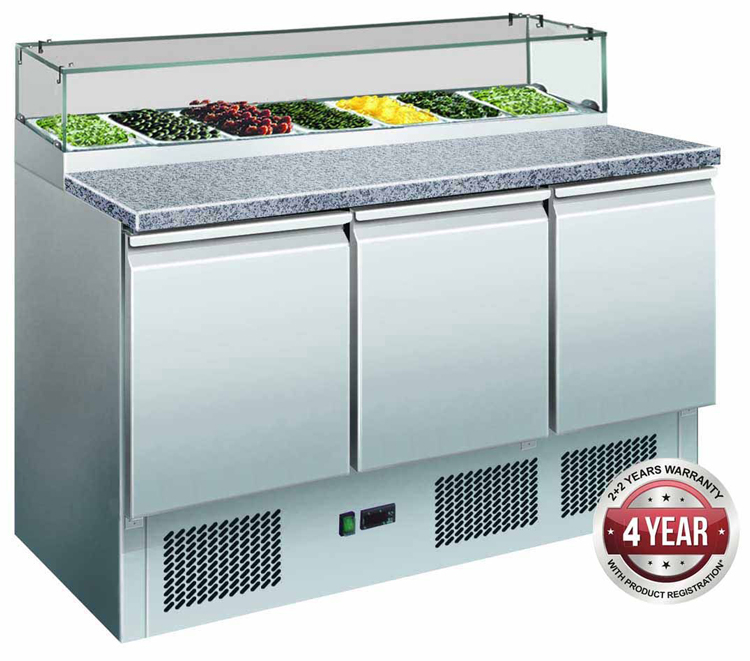 Thermaster GNS1300E 3 Door Marble Top Salad Prep Fridge