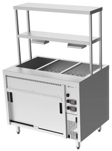 Culinaire CH.BMH.I.GDB.3 3 Module Island Bain Marie with Double Heated Gantry Bottom Shelf Heat Lamps