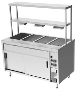 Culinaire CH.BMH.I.GDB.4 4 Module Island Bain Marie with Double Heated Gantry Bottom Shelf Heat Lamps