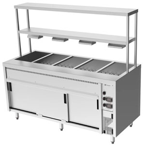 Culinaire CH.BMH.I.GDB.5 5 Module Island Bain Marie with Double Heated Gantry Bottom Shelf Heat Lamps