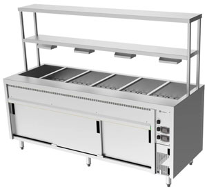 Culinaire CH.BMH.I.GDB.6 6 Module Island Bain Marie with Double Heated Gantry Bottom Shelf Heat Lamps