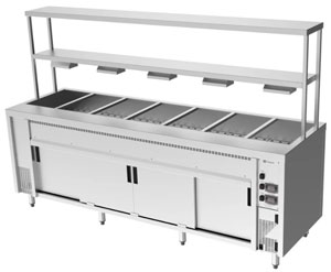 Culinaire CH.BMH.I.GDB.7 7 Module Island Bain Marie with Double Heated Gantry Bottom Shelf Heat Lamps