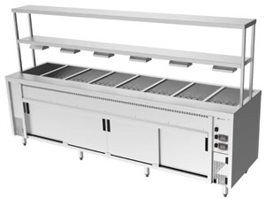 Culinaire CH.BMH.I.GDB.8 8 Module Island Bain Marie with Double Heated Gantry Bottom Shelf Heat Lamps