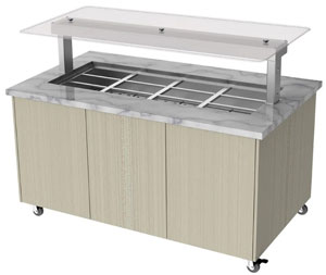 Culinaire CH.IBGJ.BMC.U.GSF.4 4 Module Mobile Hot Food Buffet Display, Flat Glass Gantry, Stone Top & Joinery Panels
