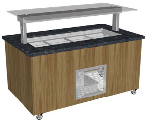 Culinaire CR.IBGJ.CWCF.U.GSF.6 6 Bay Mobile Refrigerated Cold Well Buffet Display with Flat Glass Gantry, Stone Top & Joinery Panels