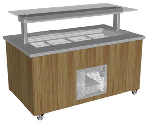 Culinaire CR.IBSJ.CWCF.U.GSF.4 4 Bay Mobile Refrigerated Cold Well Buffet Display with Flat Glass Gantry, S/S Top & Joinery Panels