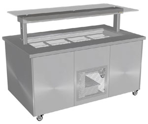 Culinaire CR.IBSS.CWCF.U.GSF.6 6 Bay Mobile Refrigerated Cold Well Buffet Display with Flat Glass Gantry, S/S Top & Panels