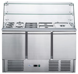 FED-X XS903GC Stainless Steel 3 Door Glass Top Salad Prep Fridge