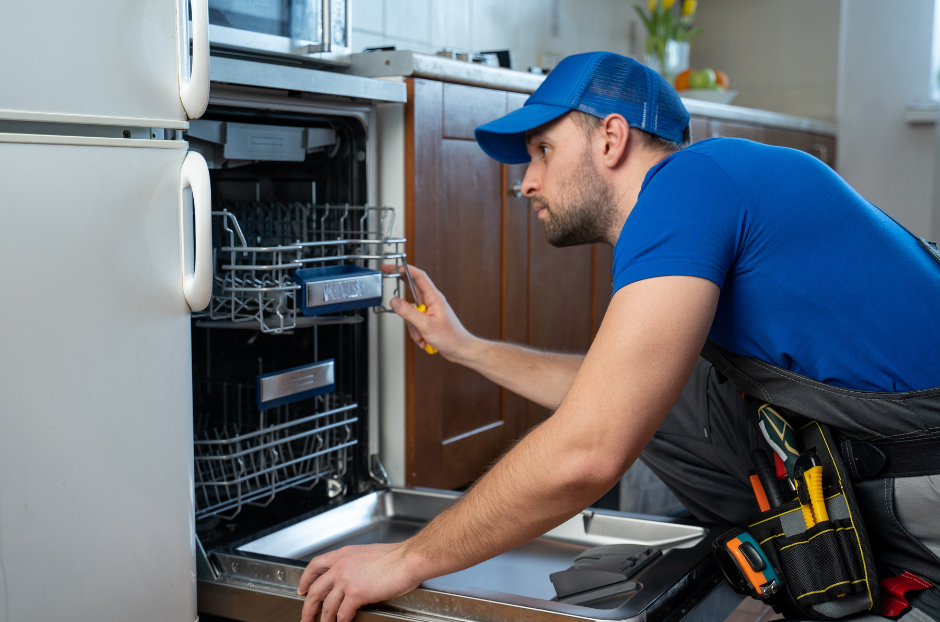 Plumber installing a new dishwasher in kitchen making sure dishwasher is installed correctly, and warranty is protected