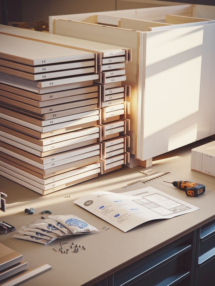 Flat-pack cabinetry kit ready for assembly