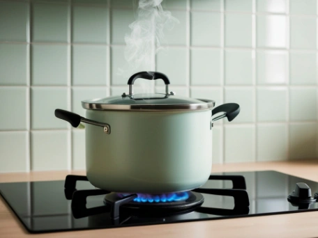 A green crockpot bubbling away on a gas stovetop