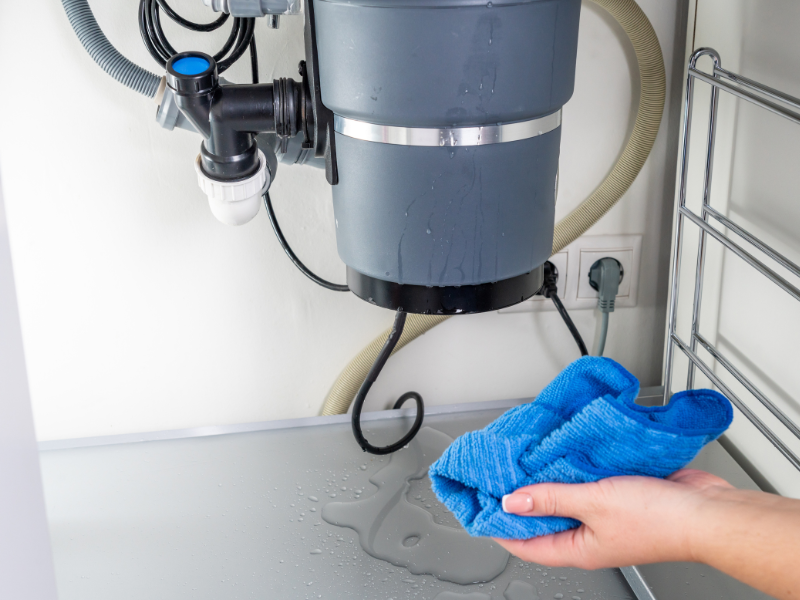 brisbane plumber fixing sink garbage disposal under sink that is leaking