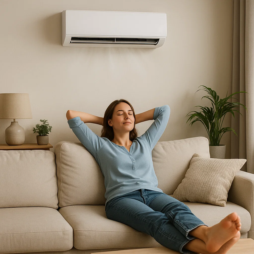 Person sat on settee smiling as the air conditioning system above them is working efficiently and optimally as it is reguarly serviced by a professional at Coastal Air Heating & Cooling Services