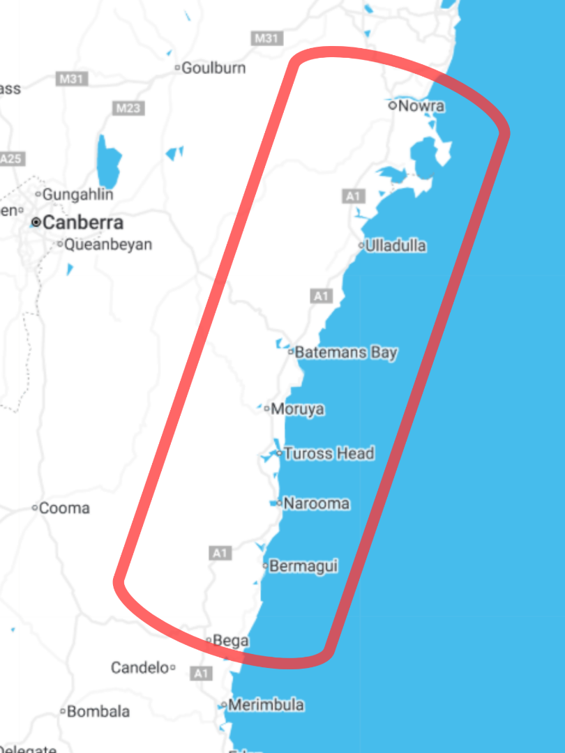 Service area map showing coverage from Ulladulla to Merimbula & Canberra