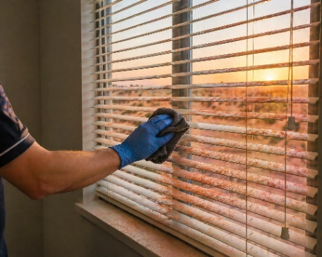 cleaner wiping red dust off of blind