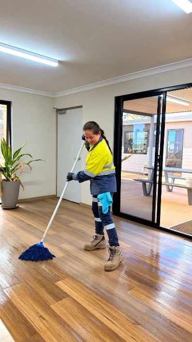 Friendly MCD staff member mopping the floor