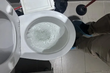 blocked toilet, water rising in bowl