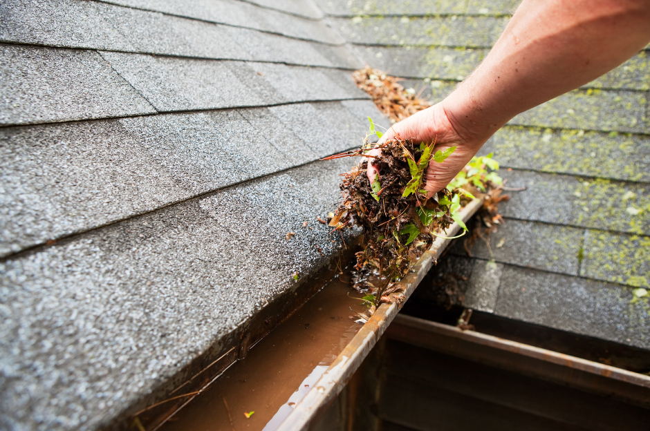 DIY fixes for poor backyard drainage includes emptying your gutters to clear blockages, leaves and dirt