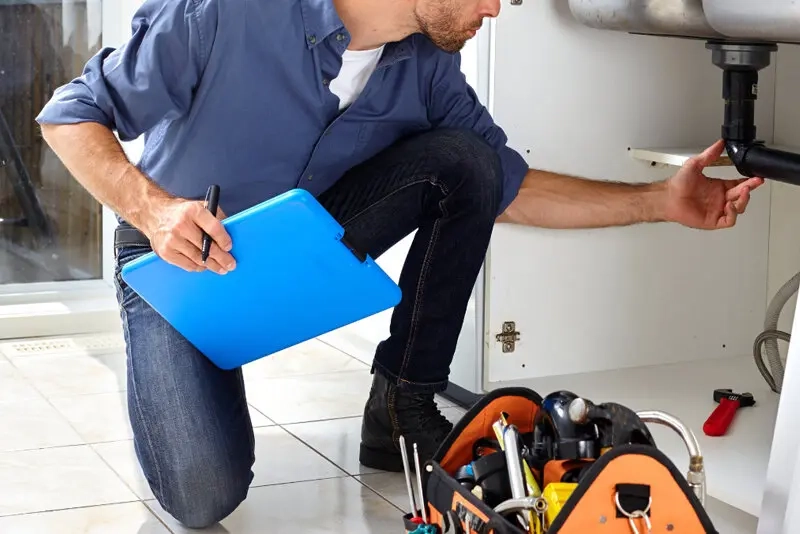 plumber checking pipes under the sink