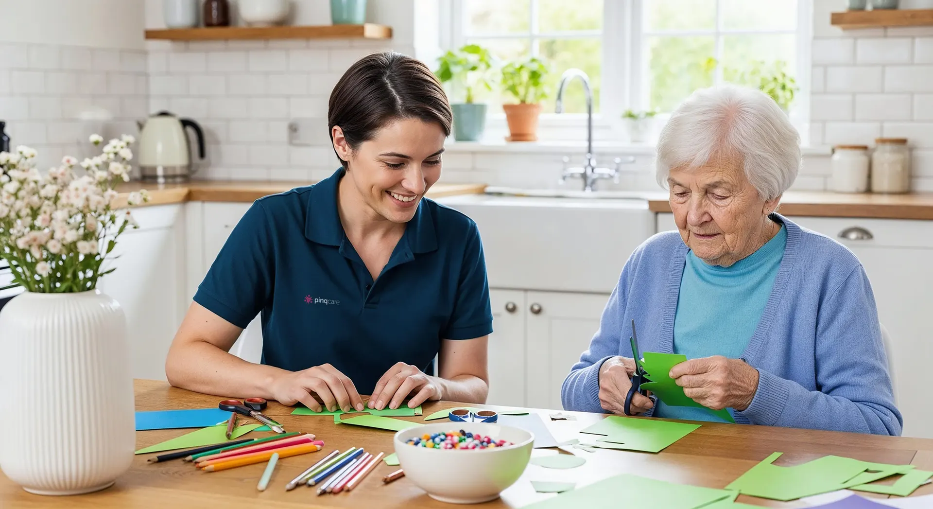 Aged care therapist supporting an elderly client at home, reflecting Pinq Care’s purpose-driven aged care jobs and careers in Sydney.