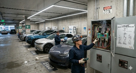 EV Charging stations installed in commercial building with electricians performing electrical load management assessment for power usage patterns. Not knowing your Maximum Demand can lead to a main fuse failure, like in this image