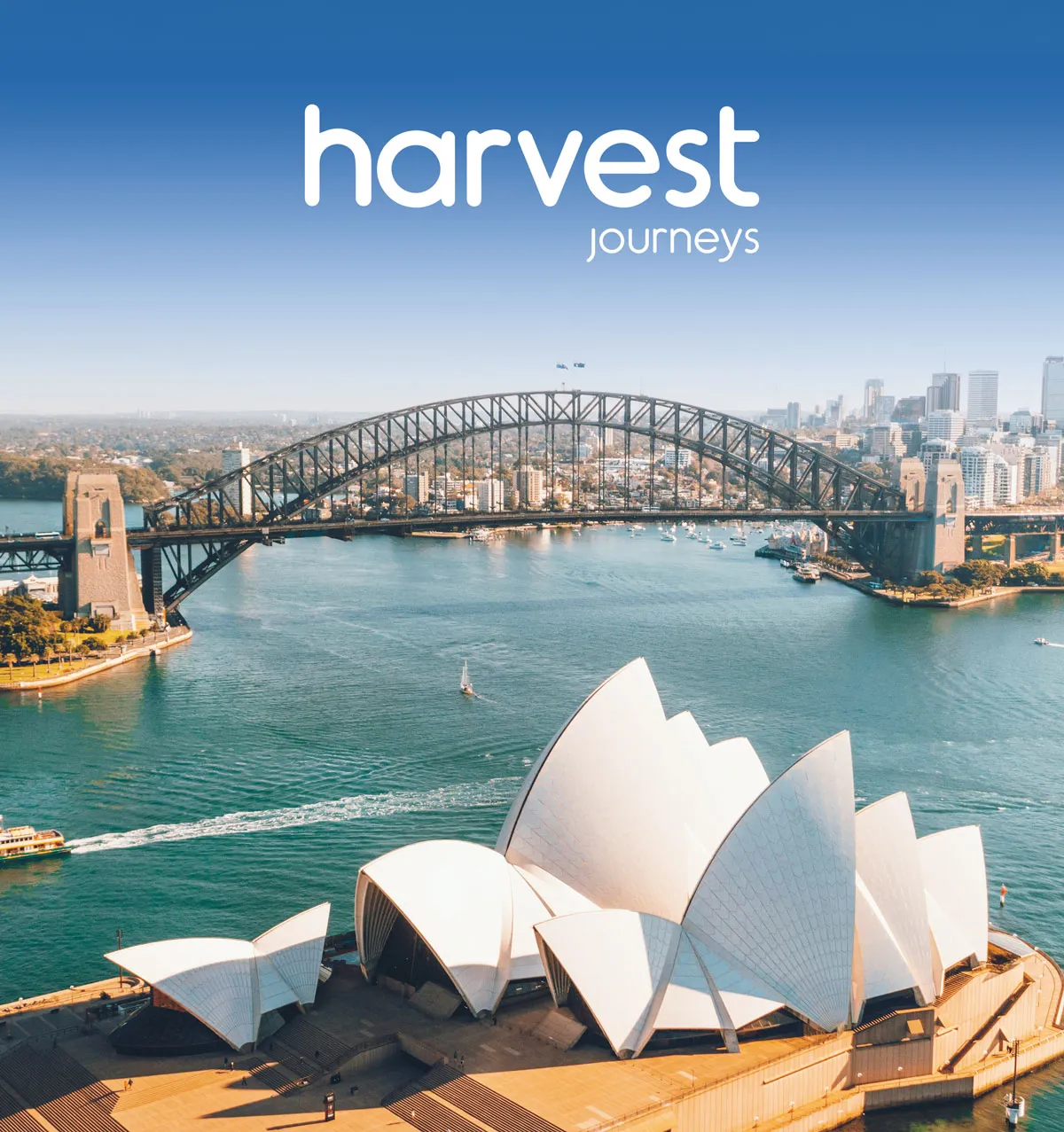 Harvest Journeys logo over the Sydney Harbour Bridge and Opera House