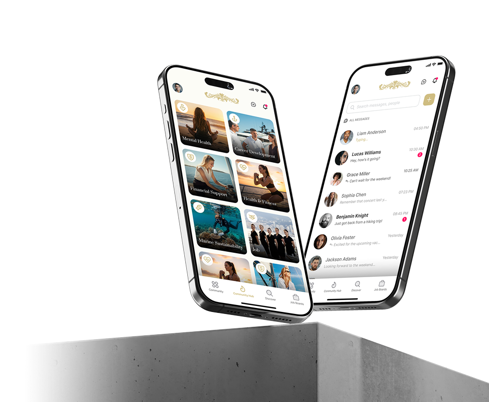 GYC App mockups showing yacht crew social network interface