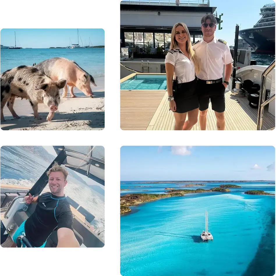 Yacht crew members socializing and networking in a beautiful outdoor setting