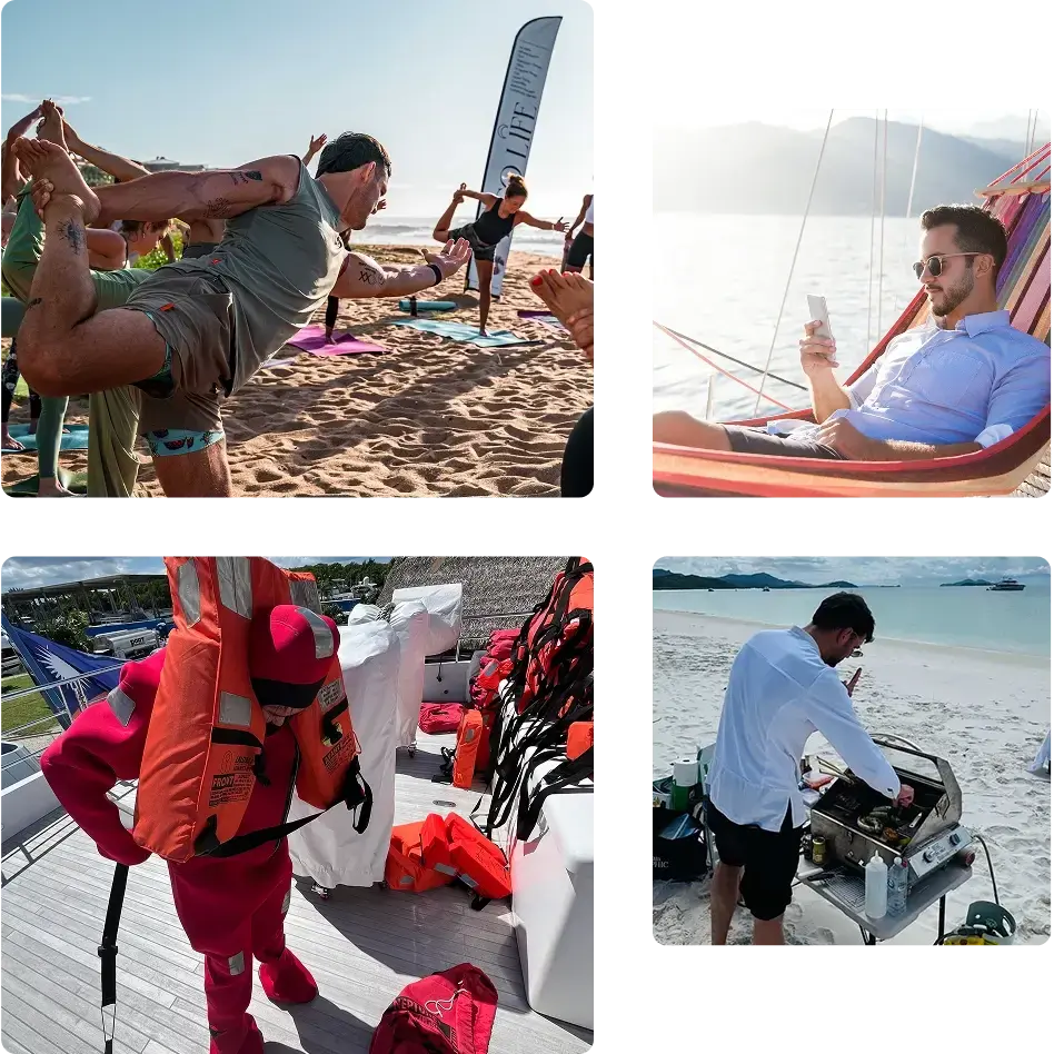 Yacht crew members socializing and networking in a beautiful outdoor setting