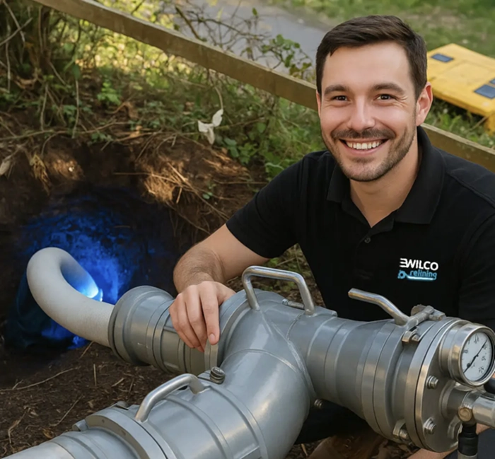 Pipe Relining Mulgoa Smiling Wilco relining technician kneeling beside a stainless-steel pipe junction with a glowing UV light curing a new liner inside the sewer pipe behind him