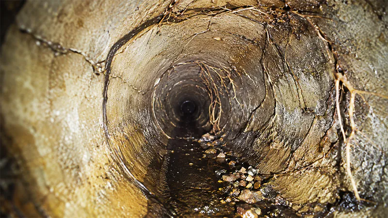 Cracked pipe interior with tree roots growing in through the joints