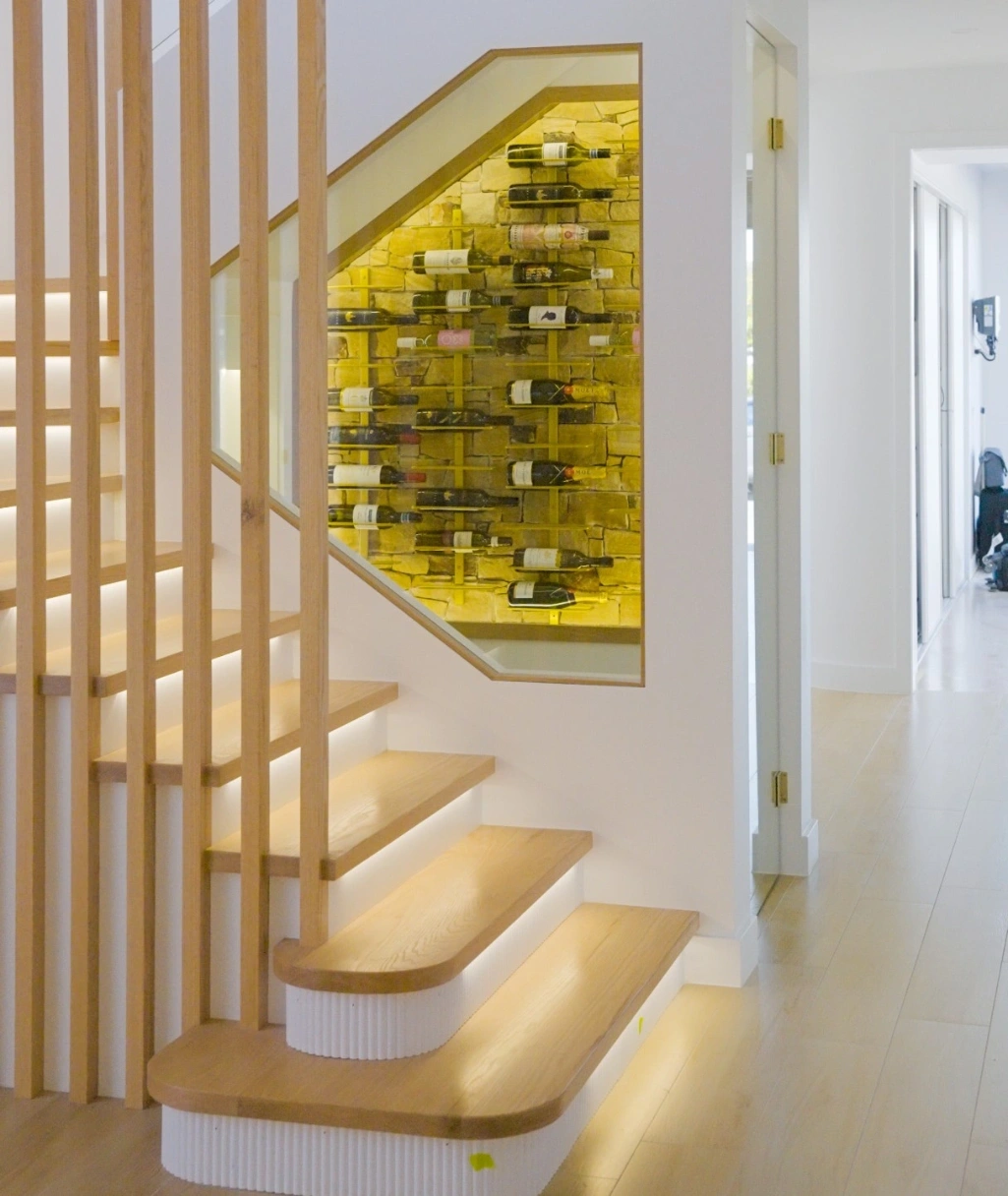 electrical lighting display on stairs and wine cellar